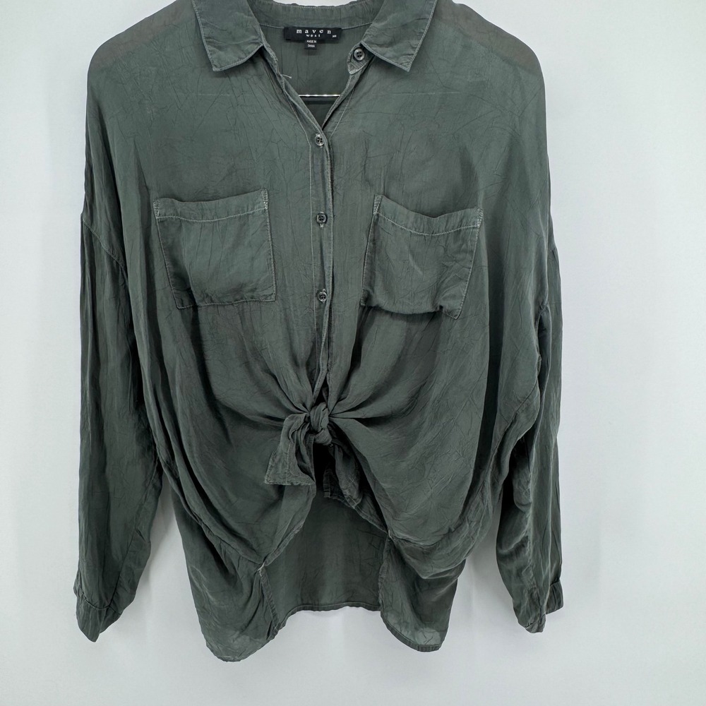 Maven West Women XS Cupro Crinkle Blouse Olive Green Relaxed Green Boho Earthy